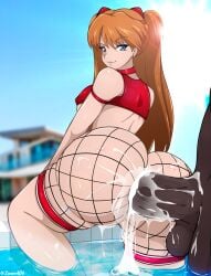 1boy 1girls anal anal_sex asuka_langley_sohryu balls big_ass big_breasts big_butt big_penis blue_eyes breasts choker cum cum_in_ass cum_inside dark-skinned_male dark_skin dat_ass digital_media_(artwork) earrings eye_contact female fishnet_shorts huge_ass huge_butt huge_cock interracial large_ass large_breasts light-skinned_female light_skin long_hair looking_at_viewer looking_back neon_genesis_evangelion orange_hair penetration penis pose sex sideboob swimsuit testicles thick_thighs water younger_female zonen404