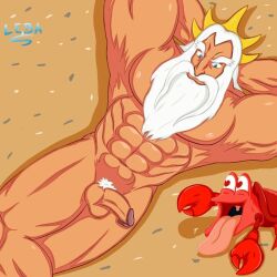 abs beach crown daddy disney hands_behind_head king_triton laying_down lebaxix male_only muscular_male muscular_thighs naked penis posing testicles the_little_mermaid white_beard