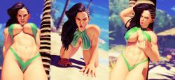 3d abs beach big_breasts big_hair bikini black_hair braided_hair bridges brown_eyes capcom female female_only large_breasts laura_matsuda looking_at_viewer muscular_female muscular_thighs nakikawa on_knees pointing posing smiling street_fighter street_fighter_v thick_thighs wide_hips