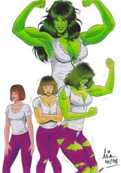 1girls big_breasts bob_cut breast_expansion brown_hair cleavage female female_only flexing_bicep flexing_both_biceps green_eyes green_hair green_skin hulk_(series) jennifer_walters long_hair manicart1 marvel marvel_comics muscle_growth muscles muscular_female ripped_clothes she-hulk solo solo_female torn_clothes transformation transformation_sequence white_background