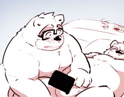 2022 anthro balls bed blush censored duo eyewear furniture gay genitals glasses humanoid_hands kemono leib_(tokyo_afterschool_summoners) lifewonders lying male male/male male_only mammal overweight overweight_male pillow tokyo_afterschool_summoners torausimuma7 ursid video_games volos yaoi