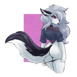 2022 ambris anthro ass breasts canid canid_demon clothed clothing demon female fur furry furry_only grey_hair hair hellhound helluva_boss hi_res looking_at_viewer looking_back looking_back_at_viewer loona_(helluva_boss) mammal panties panties_down partially_clothed red_sclera shoulder_tuft solo tail tongue tongue_out topwear tuft underwear underwear_down white_body white_eyes white_fur