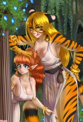 4322chan anthro athletic big_breasts blonde_hair blue_eyes breasts clothed clothing detailed_background duo elf erect_nipples felid female female/female focused fur genitals ginger gold_(metal) gold_jewelry green_eyes hair hi_res hiding hiding_behind_another huge_breasts human humanoid jewelry licking licking_lips licking_own_lips looking_at_another mammal nipples orange_body orange_fur pantherine partially_clothed pussy red_hair self_lick smile striped_body stripes tiger toned_female tongue tongue_out translucent translucent_clothing