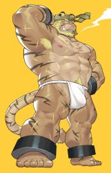 1boy 2022 abs anthro armpit_hair asian_clothing bara barazoku blonde blonde_hair blonde_pubic_hair body_hair bulge clothing east_asian_clothing felid fundoshi fur furry furry_only hi_res high_resolution humanoid_hands japanese_clothing kemono kira_nerisu male male_focus male_nipples male_only mammal muscular muscular_male nipples pantherine pecs pink_nose pubic_hair scar simple_background smoking solo tiger tits underwear white_clothing white_fundoshi white_underwear yellow_background