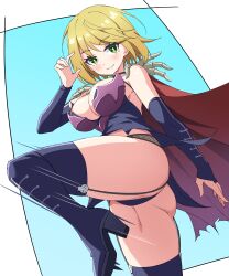 1girls absurd_res ass black_thong blonde_hair blush boots breasts cape clothing detached_sleeves female female_only footwear green_eyes hi_res high_heels large_breasts looking_at_viewer love_after_world_domination magahara_desumi pangjelly shoes solo thigh_boots thighhighs thighs thong