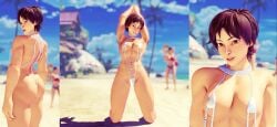 3d abs arms_up beach bikini bridges brown_eyes brown_hair capcom female female_only looking_at_viewer muscular_female nakikawa necklace posing sakura_kasugano small_breasts street_fighter street_fighter_v string_bikini