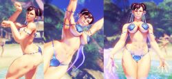 1girls 3d abs armpits arms_up beach big_breasts bikini blue_nails bridges brown_eyes brown_hair catgirl chun-li dancing dat_ass female female_focus hair_tie large_ass large_breasts looking_at_viewer muscular_female nakikawa pearl_earrings posing seashell_bikini street_fighter street_fighter_v sweat sweaty thick_thighs