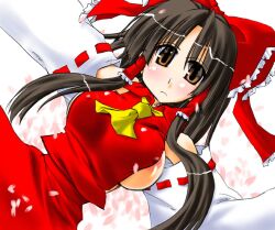 a-isan blush bow brown_hair detached_sleeves female frown large_breasts long_hair nipple_slip reimu_hakurei shrine_maiden solo touhou