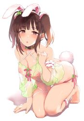 :o animal_ears arm_support babydoll babydoll_lift barefoot blush bottomless breasts brown_collar brown_eyes brown_hair cleavage clover collar commentary_request eyebrows_visible_through_hair fake_animal_ears female four-leaf_clover green_babydoll hair_ornament halterneck hazuki_(nature.) heart heart-shaped_pupils highres idolmaster idolmaster_cinderella_girls inverted_nipples kneeling leg_garter leg_ribbon lifted_by_self looking_at_viewer medium_breasts ogata_chieri pink_ribbon pussy_juice rabbit_ears rabbit_tail ribbon see-through short_hair sidelocks solo sweat symbol-shaped_pupils tail thigh_ribbon twintails white_ribbon