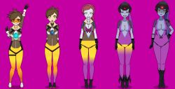 blue_skin bodysuit brainwashing breast_expansion cleavage corruption female hair_color_change height_growth hero_turned_villian high_heel_boots identity_death kisekae lena_oxton no_bra overwatch paridece race_swap sleeper_agent story_at_source tracer transformation twinning widowmaker