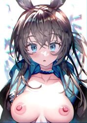 amiya_(arknights) animal_ears arknights blue_eyes bow breasts brown_hair bunny_ears collarbone eyebrows_visible_through_hair female female hairbow long_hair looking_at_viewer medium_breasts nipples rabbit_ears redcomet solo