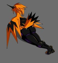 2020 absurd_res alcatras45 ambiguous_gender anthro anthrofied ass avian big_breasts big_butt bird black_body black_feathers blonde_hair breasts curvy_figure digital_media_(artwork) feathers galarian_thunder galarian_zapdos grey_background hair hi_res legendary_pokémon looking_at_viewer looking_back looking_back_at_viewer multicolored_body multicolored_feathers nintendo non-mammal_breasts nude orange_body orange_feathers pokémon_(species) pokémorph pokemon rear_view regional_form_(pokémon) shaded simple_background solo tail_feathers thick_thighs thunder_(pokemon) video_games wide_hips