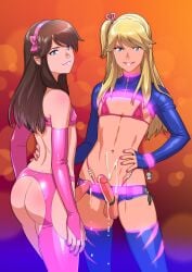 2boys 2femboys ass balls bikini blonde_hair blue_eyes bottomless brown_hair butt cock_ring crossdressing cum cum_on_belly femboy feminine_male girly hands-free handsfree_ejaculation looking_at_viewer male_only penis smile tekuho trap veiny_penis