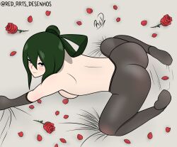 1girls ass back back_view bangs bed big_ass black_clove black_eyes breasts doggy_style female female_focus female_only flower fringe gloves green_hair legs long_hair looking_at_viewer my_hero_academia on_bed pantyhose red_arts shounen_jump tagme topless tsuyu_asui white_body