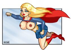 1girls big_breasts blonde_hair blue_eyes breasts dc dc_comics exposed_breasts female female_only flying kara_danvers kara_zor-el kryptonian misterjer solo supergirl superheroine superman_(series) thick_lips