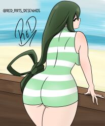 1girls ass bangs beach big_ass big_butt breasts female female_focus female_only fringe fringe_hair green_hair green_swimsuit long_hair looking_ass looking_back looking_down my_hero_academia red_arts swimsuit tsuyu_asui