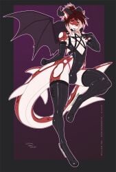 bat_wings black_boots black_gloves boots bulge femboy fur furry g_string gloves hair hairband harness horns long_boots orange_skin shark shark_fin shark_tail strap stripper_clothes tight_clothing white_skin