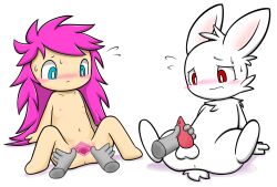 balls blush bubbluechy female genitals hair human lagomorph leporid male mammal penis penis_grab purple_hair pussy rabbit semi-anthro spread_pussy spreading