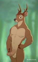 2022 anthro anthrofied antlers balls bambi bambi_(character) bambi_(film) capreoline cervid disney erection furry genitals hi_res horn humanoid_genitalia humanoid_penis looking_at_viewer male mammal michwolfestein muscular muscular_anthro muscular_male pecs penis portrait solo three-quarter_portrait