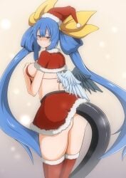 1girls absurdres angel_wings ass asymmetrical_wings back bangs bikini blue_hair blush breast_press breast_squeeze christmas dizzy_(guilty_gear) female fur_trim fuuma_(bangolga1) guilty_gear hair_ribbon half-closed_eyes hand_on_breast hand_on_own_chest hat highres looking_at_viewer looking_back mature_female milf monster_girl red_eyes ribbon santa_costume santa_hat seductive_smile smile swimsuit tail thighhighs thighs twintails wings yellow_ribbon