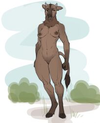 anthro bison bovid bovine breasts female fingers fist genitals gewitter grass hi_res hooves horn humanoid_hands mammal nipples nude outside plant pussy solo yellow_eyes