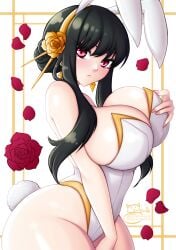 1girls big_breasts black_hair breasts bunny_ears bunny_girl bunny_tail bunnysuit eye_contact female female_focus female_only grabbing_own_breast huge_breasts leotard looking_at_viewer red_eyes sevie seviesphere shounen_jump solo spy_x_family wide_hips yor_briar