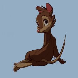 2016 anthro arsemaus blue_background brown_body brown_fur don_bluth female full-length_portrait fur hi_res looking_at_viewer looking_back looking_back_at_viewer mammal milf mouse mrs._brisby murid murine nude portrait reclining rodent secret_of_nimh simple_background solo