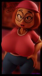 1girls 2021 3d 3d_(artwork) alternate_breast_size artist_name big_breasts blender blender_(software) breasts brown_hair digital_media_(artwork) drakepowers eyelashes family_guy female female_focus female_only fingers glasses hand_on_hip hat huge_breasts lips looking_at_viewer meg_griffin short_hair simple_background simple_eyes smile standing tan_body tan_skin thick_thighs tongue voluptuous watermark wide_hips