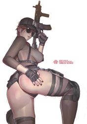 1girls ash_(rainbow_six) ass breasts fbi_cap female fingerless_gloves gun mila_the_mute painted_nails rainbow_six rainbow_six_siege showing_off solo solo_female sunglasses tactical_gear tagme tinted_eyewear transparent_clothing