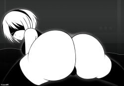 1girls ass ass_focus big_ass black_and_white blindfold breasts female female_only hairband huge_ass legwear looking_back nier nier:_automata nier_(series) short_hair solo thick_thighs thighhighs yorha_2b zonen404