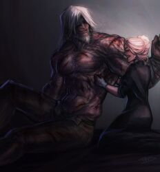 1boy 1girls beard blindfold blonde_hair blood bloodborne body_hair canon_couple dilf facial_hair father_gascoigne female fromsoftware hair_bun hairy husband_and_wife male mature_female mature_male milf muscular_male namco nightmare_husbando painting_(artwork) raven-blood-13 scars shorter_female smile taller_male tied_hair topless_male viola_(bloodborne) white_hair wholesome