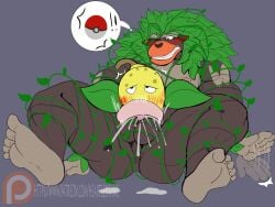 anthro barefoot blowjob blushing bodily_fluids cum cum_in_mouth dicksucking_creature genital_fluids heartlessfang hi_res muscular nintendo oral_sex pacman20 pokéball pokémon_(species) pokemon rillaboom video_games vines weepinbell