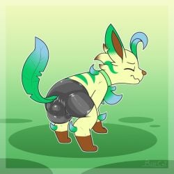 anthro canid canine clothing eeveelution embarrassed feces hi_res latex leafeon male mammal nintendo pokemon pokemon_(species) ritzcat rubber rubber_clothing scat soiled_bottomwear soiling solo video_games