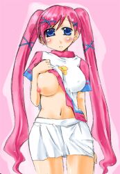 a-isan akai_maho blush doki_doki_majo_shinpan erect_nipples female large_breasts one_breast_out pink_hair shirt_lift skirt solo twintails