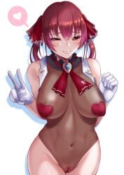 1girls 2022 alternate_version_available artist_signature breasts female female_only gloves heart-shaped_pasties heterochromia hi_res hips hololive hololive_fantasy hololive_japan houshou_marine leotard long_hair maebari pasties peace_sign pubic_hair red_eyes red_hair red_heart_pasties red_pasties red_pubic_hair see-through see-through_clothing slim_waist thick_thighs thighs tinnies virtual_youtuber wide_hips yellow_eyes