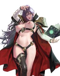 1girls alternate_costume bare_thighs book breasts cape covering female female_only fire_emblem fire_emblem:_genealogy_of_the_holy_war fire_emblem_heroes from_below ishtar_(fire_emblem) janggun jeneral large_breasts lips long_hair looking_at_viewer looking_down naked_cape naked_stockings naked_thighhighs nintendo nipples nude nude_female official_alternate_costume ponytail purple_eyes purple_hair solo thighhighs thighs very_long_hair white_background