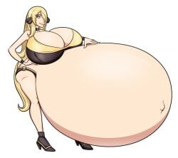 belly belly_button big_belly big_breasts blonde_hair breasts cynthia_(pokemon) female hand_on_belly high_heels huge_breasts hyper_pregnancy massive_belly massive_breasts outie_navel pokemon pokemon_dppt pregnant riddleaugust voluptuous