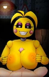 1boy 1girls animatronic anthro big_boobs big_breasts black_sclera boobjob boobs breasts busty five_nights_at_freddy's five_nights_at_freddy's_2 huge_breasts ls nipples orange_nipples paizuri penis penis_between_breasts robot robot_girl sharp_teeth straight titjob tits toy_chica_(fnaf) white_eyes yellow_body