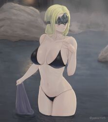 big_breasts bikini black_bikini blonde_hair dark_souls dark_souls_3 eye_mask eyes_covered female female_only fire_keeper fromsoftware partially_submerged smile solo swimsuit water yamisouls