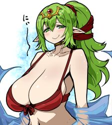 1girls 2017 alternate_costume bikini blush breasts cleavage closed_eyes collarbone commentary_request deep_cleavage eyebrows_visible_through_hair female female_only fire_emblem fire_emblem_awakening fire_emblem_heroes green_eyes green_hair hair_ornament highres huge_breasts kara_age long_hair looking_at_viewer navel nintendo official_alternate_costume pointy_ears ponytail red_bikini red_swimsuit revision sagging_breasts see-through smile solo swimsuit tiara tiki_(adult)_(fire_emblem) tiki_(adult)_(summer)_(fire_emblem) tiki_(fire_emblem) upper_body