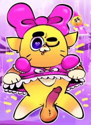 anthro battle_kitty bottomwear clothed clothing clothing_lift crossdressing domestic_cat dress erection felid feline felis fur genitals kitty_(battle_kitty) male mammal netflix on_model one_eye_closed penis pink_penis salami_keys skirt skirt_lift solo wink yellow_body yellow_fur