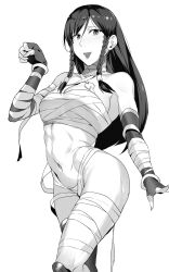 abs alternate_hairstyle bandages bangs blush bracelet braid breasts bun_cover capcom chun-li clenched_hand commentary_request cosplay double_bun elbow_gloves eyebrows eyebrows_visible_through_hair female fingerless_gloves gloves groin hair_down highres hip_focus jewelry large_breasts long_hair looking_at_viewer menat menat_(cosplay) messatsu_tan midriff monochrome muscular muscular_female navel open_mouth paw_pose sarashi side_braid simple_background smile solo standing street_fighter street_fighter_v thick_thighs thighhighs thighs twin_braids white_background