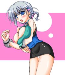 a-isan blush braid female grey_hair hairclip large_breasts open_mouth pussy_juice seolla_schweizer short_hair skirt solo super_robot_wars