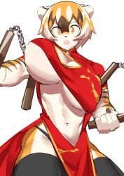 1girls anthro arknights aspirindabaitu black_thighhighs bouncing_breasts breasts chinese_clothes female female_only hi_res looking_at_viewer mx99926 nunchaku open_mouth orange_eyes pantherine solo solo_female thick_thighs thighhighs tiger tiger_girl upper_body waai_fu_(arknights) white_background wide_eyed