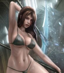 arm_up armpit big_breasts bikini billygrilly brown_hair burn_scar dark_souls dark_souls_3 facial_scar female female_only fromsoftware long_hair looking_at_viewer purple_eyes realistic scar scythe sideboob sister_friede solo swimsuit thin_waist underboob weapon wet wet_skin wide_hips