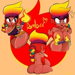 amber_(brawl_stars) ass black_eyes brawl_stars breasts dark_skin fire gradient_hair houvandie large_breasts multicolored_hair orange_hair red_hair red_skin thick_thighs torch