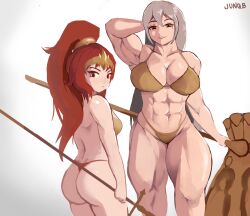 2girls big_ass big_breasts bikini brown_eyes cleavage dark_souls dragon_slayer_ornstein executioner_smough female female_only fromsoftware genderswap_(mtf) gold_(metal) golden_bikini grey_hair hammer headgear junqb long_hair looking_at_viewer looking_back mole_under_eye multiple_girls muscular muscular_female muscular_thighs ponytail red_eyes red_hair rule_63 smile thick_thighs weapon