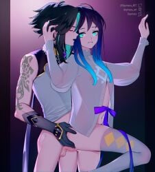 2boys abstract_background anal anal_sex biting_lip blue_eyes blue_hair collared_shirt color cum_in_ass deymara femboy femboy_on_femboy gay genshin_impact girly gloves glowing gradient_hair long_hair makeup male male_only mostly_nude nipples nipples_visible_through_clothing open_mouth ribbon signature smiling standing_sex tattoo teal_hair thighhighs trap trap_on_trap venti_(genshin_impact) xiao_(genshin_impact) yaoi