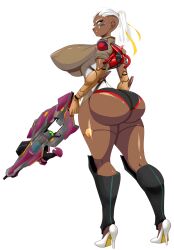 2d absurd_res alternate_ass_size alternate_body_type alternate_breast_size alternate_hairstyle armor ass breasts christian_louboutin_(brand) clothed cyborg dark-skinned_female dark_skin ficheras from_behind frostyvector greaves green_eyes high_heels holding_gun huge_ass huge_breasts leotard mechanical_arms overwatch overwatch_2 ponytail robot_joints second-party_source sniper_rifle sojourn_(overwatch) torpedo_breasts transparent_background vector_trace white_hair