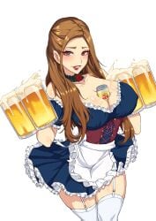 1girls absurdres alcohol apron bare_shoulders barmaid beer beer_can beer_mug between_breasts biting_lip blue_dress blush breasts brown_eyes brown_hair choker corset covered_nipples davyonmartz dirndl dress female frilled_choker frilled_dress frills garter_straps highres large_breasts long_hair looking_at_viewer mug original smile solo thighhighs white_legwear